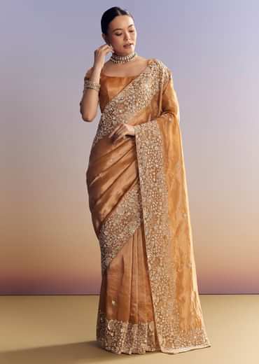 Orange Tissue Saree With Unstitched Heavy Embroidered Border