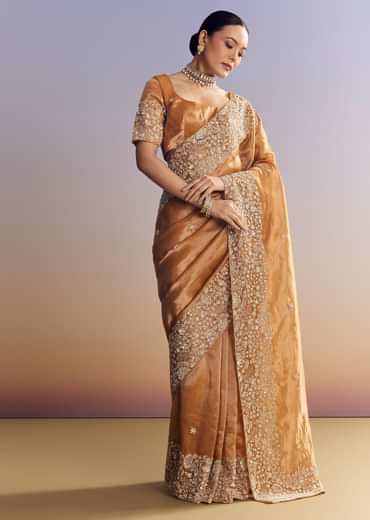 Orange Tissue Saree With Unstitched Heavy Embroidered Border