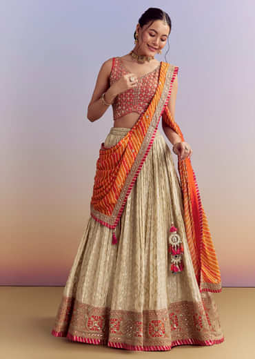 Orange Brocade Silk Bridesmaid Lehenga With Leheriya Dupatta