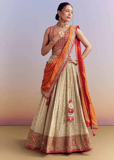 Orange Brocade Silk Bridesmaid Lehenga With Leheriya Dupatta