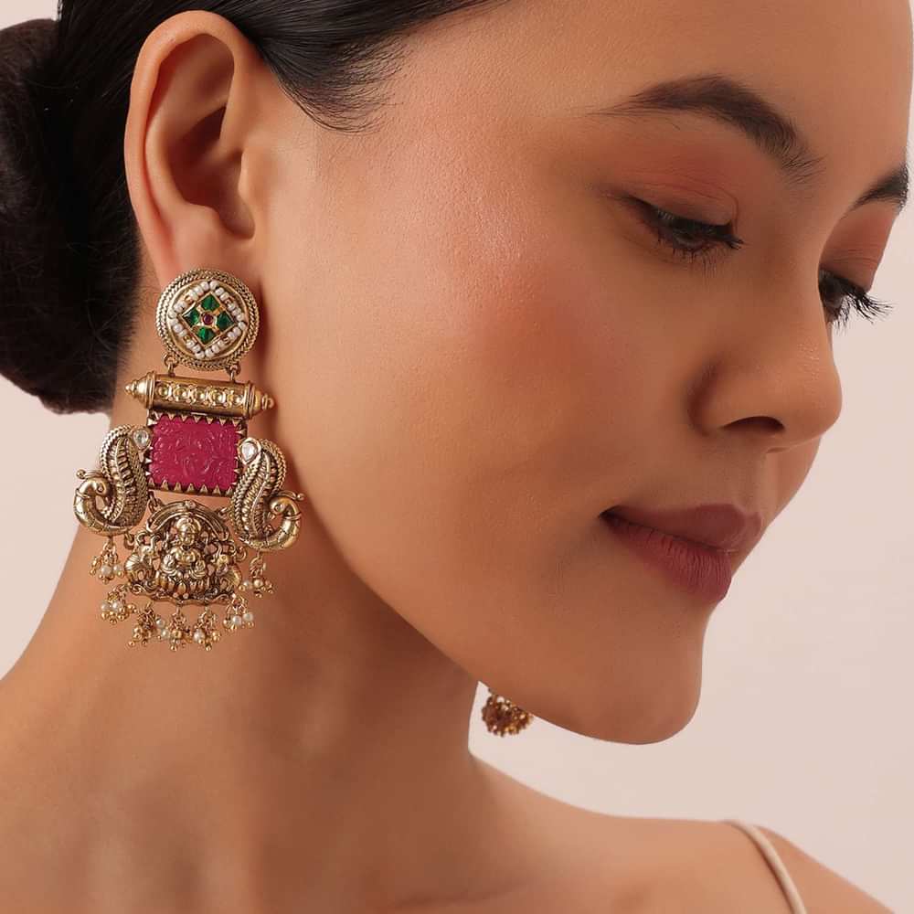 Orange Danglers With Meenakari Detailing