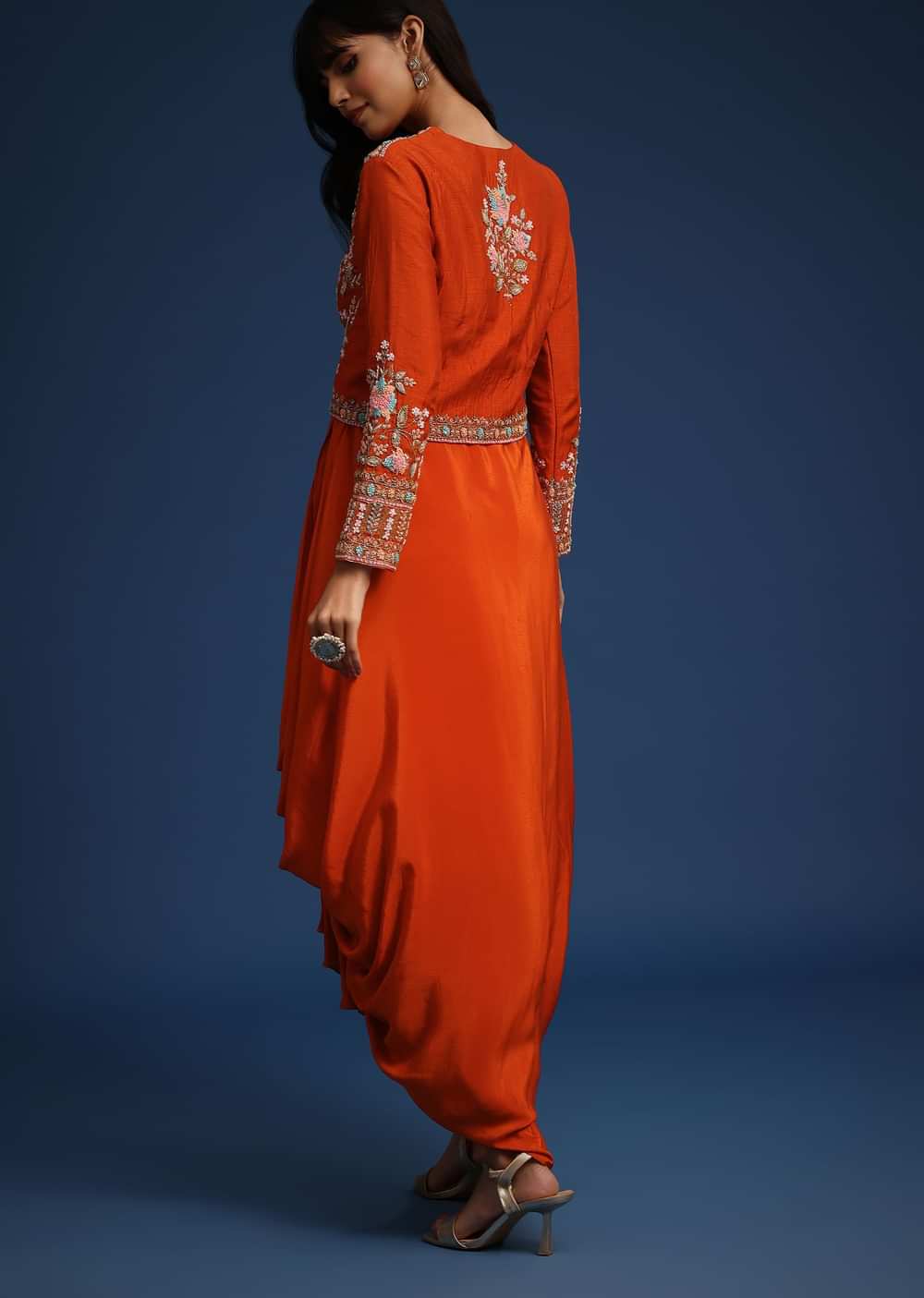 Orange Dhoti Style Gown With Embroidered Jacket