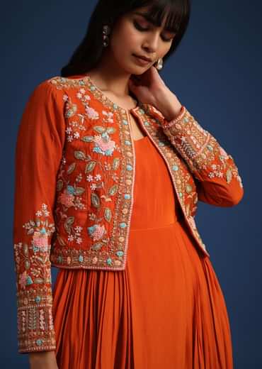 Orange Dhoti Style Gown With Embroidered Jacket