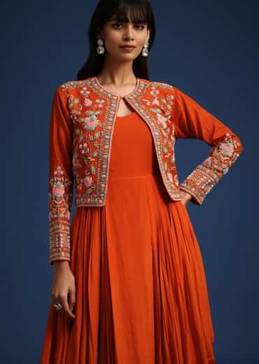 Orange Dhoti Style Gown With Embroidered Jacket