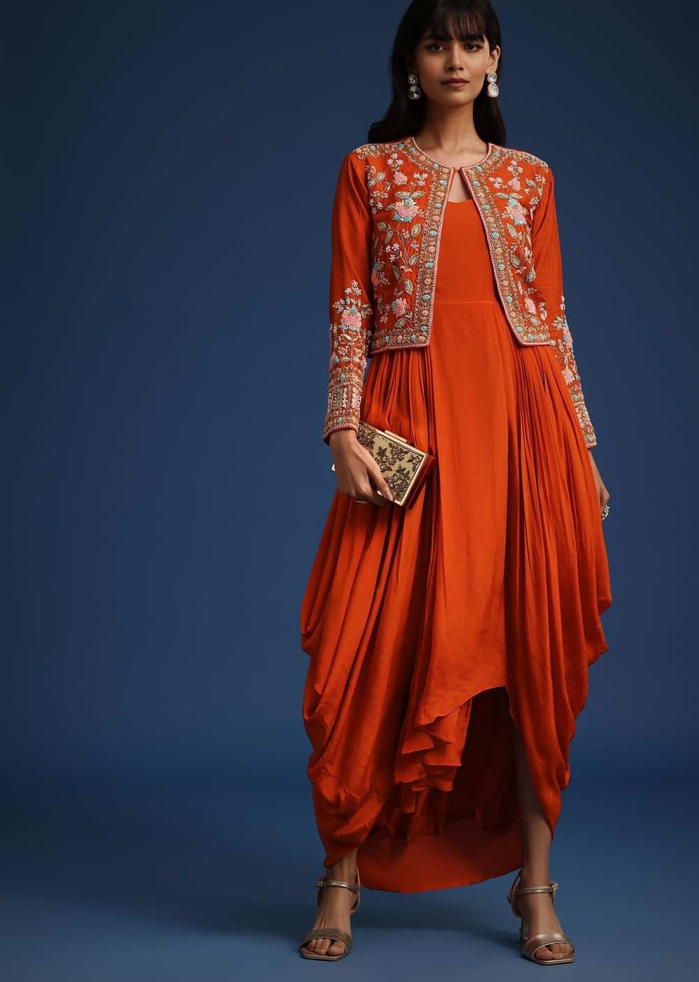 Orange Dhoti Style Gown With Embroidered Jacket