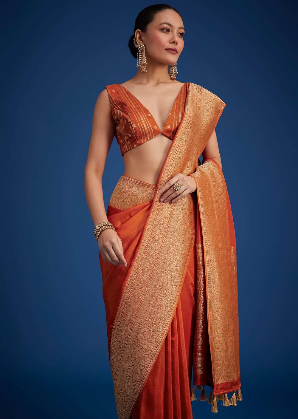Orange Dola Silk Saree With Zari Border And Pallu