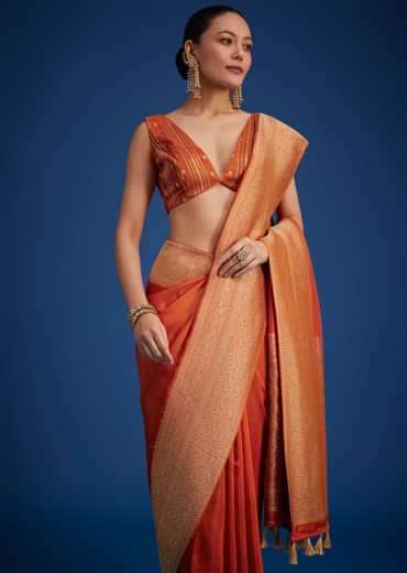 Orange Dola Silk Saree With Zari Border And Pallu