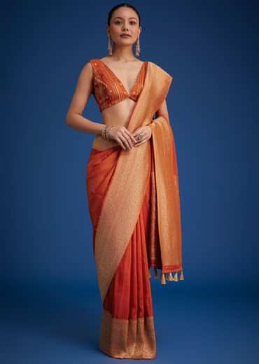 Orange Dola Silk Saree With Zari Border And Pallu