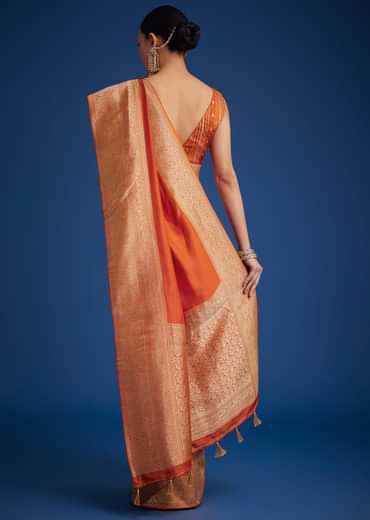 Orange Dola Silk Saree With Zari Border And Pallu