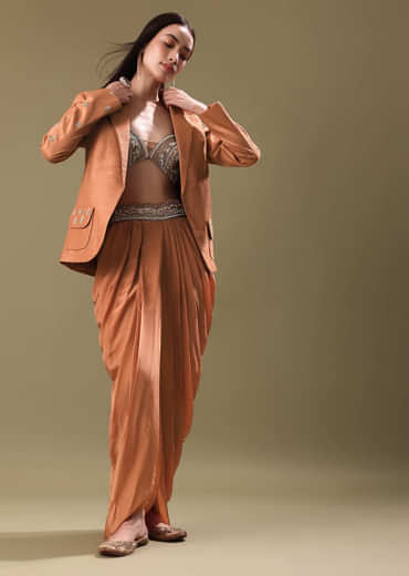Orange Embroidered Blouse With Dhoti And Jacket