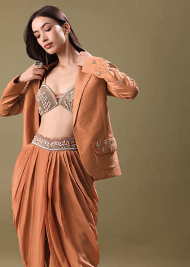 Orange Embroidered Blouse With Dhoti And Jacket