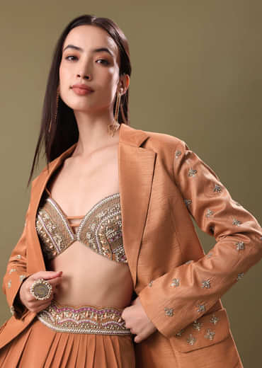 Orange Embroidered Blouse With Dhoti And Jacket