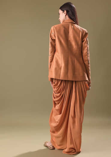 Orange Embroidered Blouse With Dhoti And Jacket