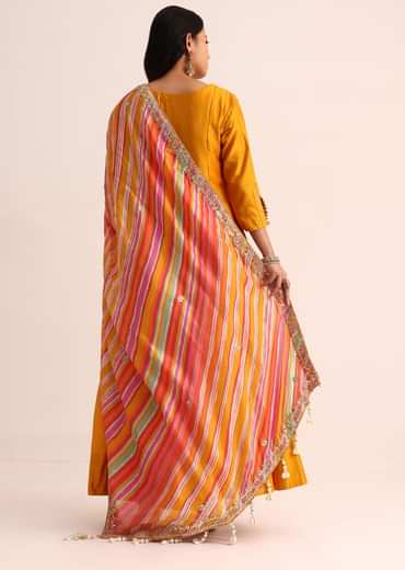 Orange Embroidered Chanderi Anarkali Set With Bandhani And Leheriya Dupatta