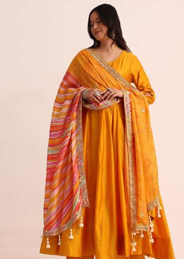 Orange Embroidered Chanderi Anarkali Set With Bandhani And Leheriya Dupatta