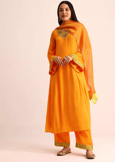 Orange Embroidered Chiffon Kurta Palazzo Set