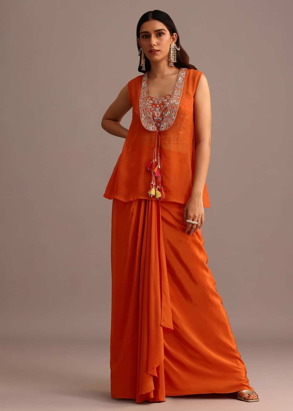 Orange Embroidered Croptop With Draped Skirt And Organza Jacket