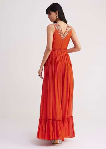 Orange Georgette Embroidered Jumpsuit With Belt