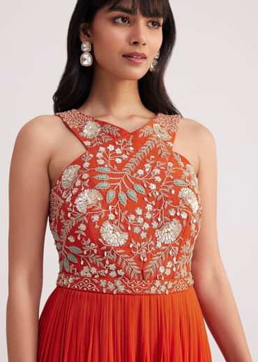 Orange Georgette Embroidered Jumpsuit With Belt