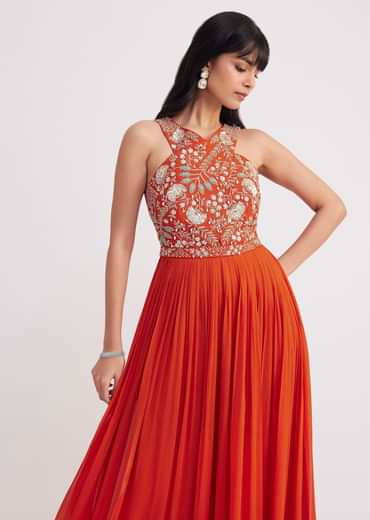 Orange Georgette Embroidered Jumpsuit With Belt