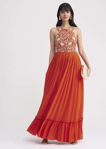 Orange Georgette Embroidered Jumpsuit With Belt