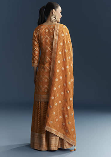 Orange Jacquard Palazzo Suit With Banarasi Jacquard Weave