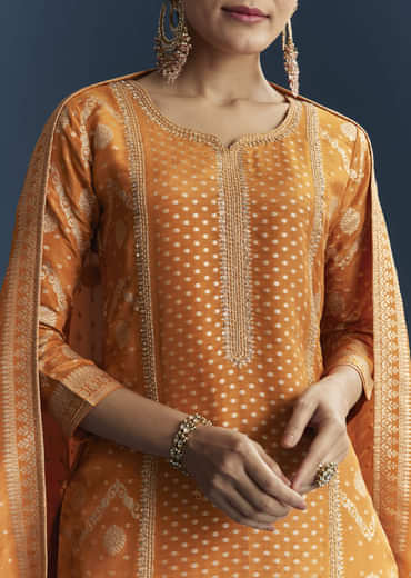 Orange Jacquard Palazzo Suit With Banarasi Jacquard Weave