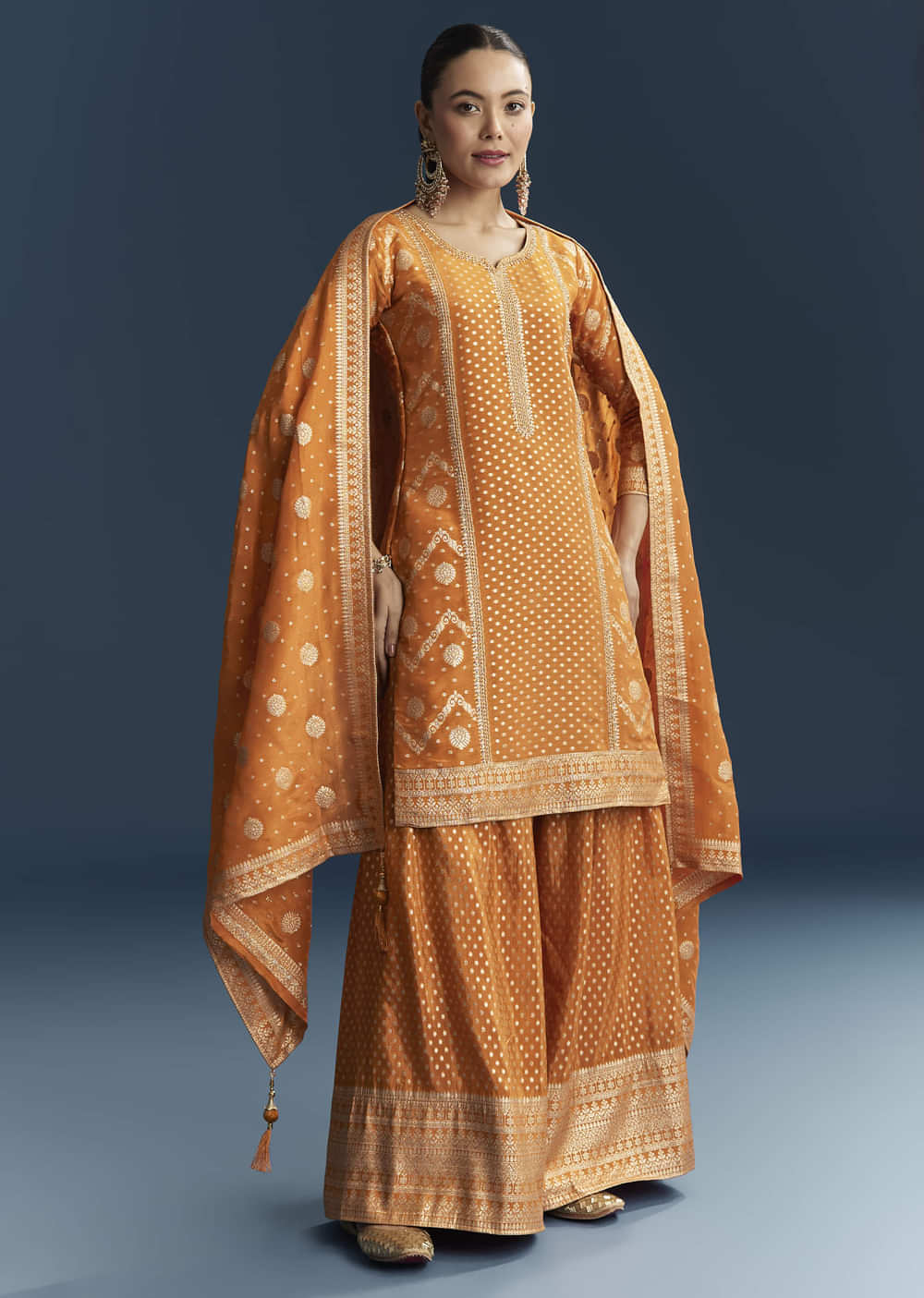 Orange Jacquard Palazzo Suit With Banarasi Jacquard Weave