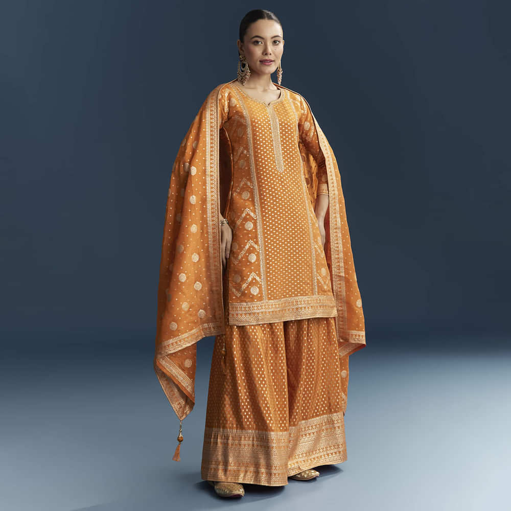 Orange Jacquard Palazzo Suit With Banarasi Jacquard Weave