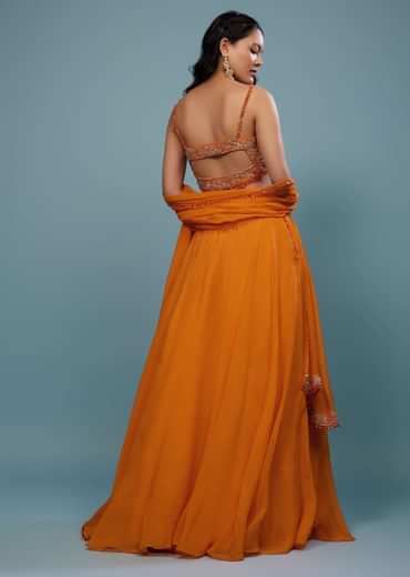 Carrot Orange Embroidered Lehenga Set In Organza