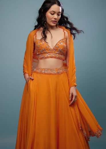 Carrot Orange Embroidered Lehenga Set In Organza