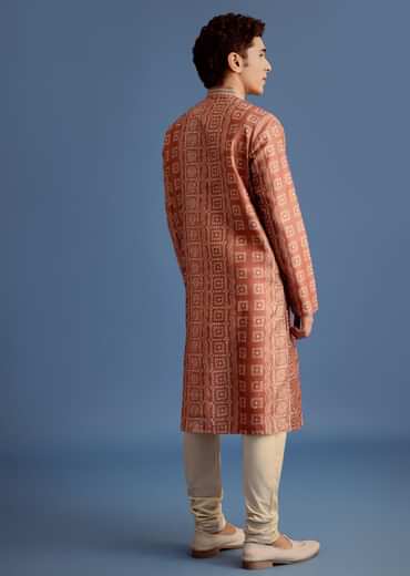 Orange Printed Silk Kurta Set For Men