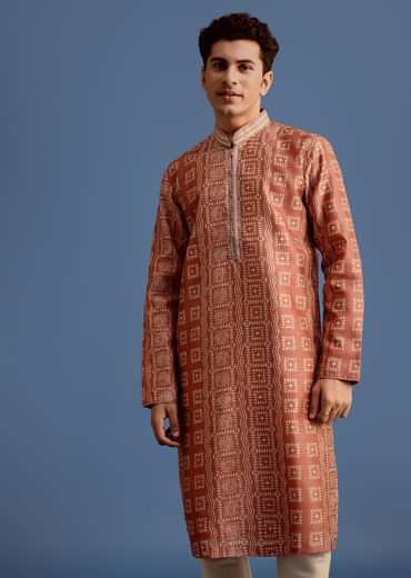 Orange Printed Silk Kurta Set For Men