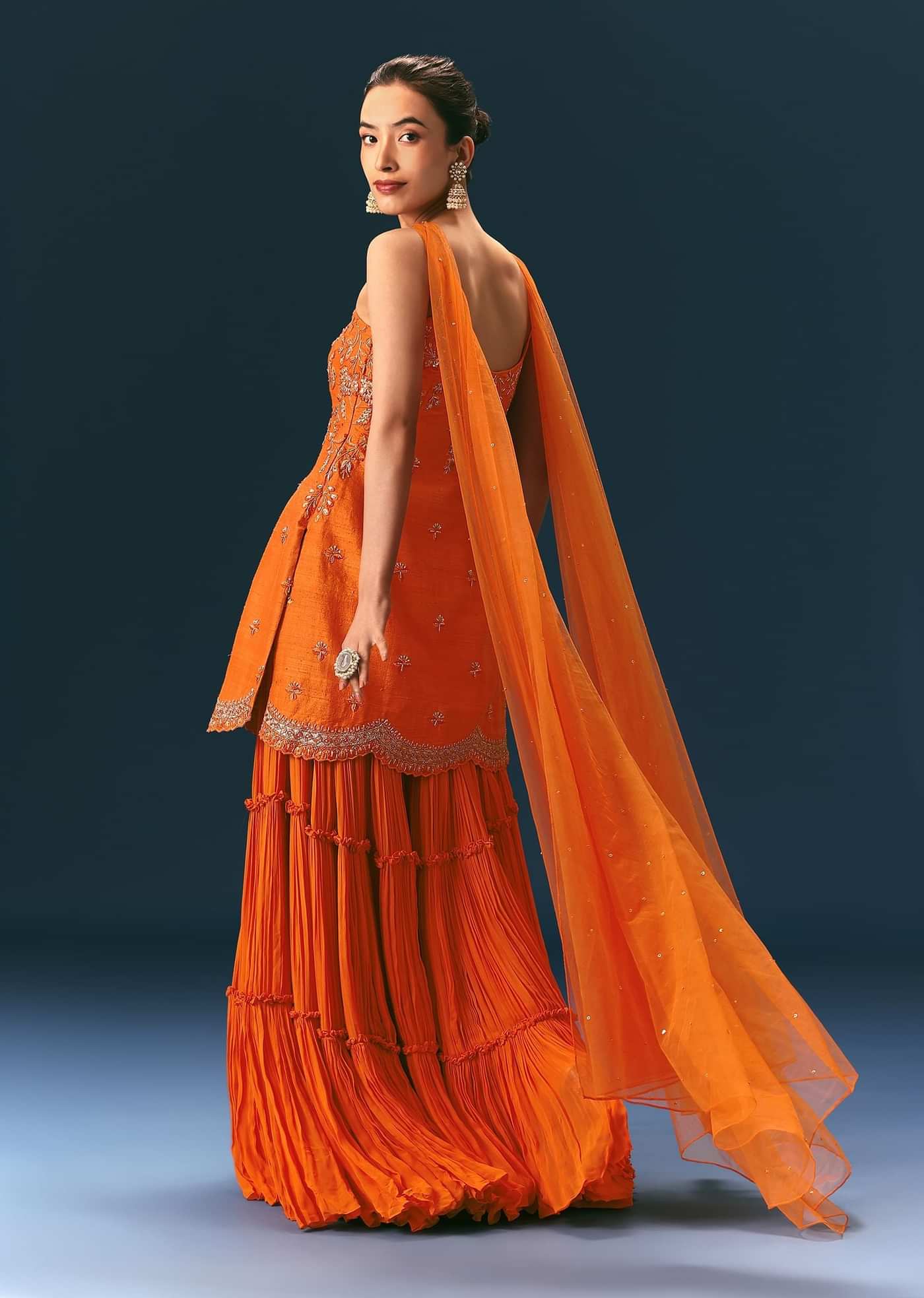 Orange Raw Silk Hand Work Kurti Sharara With Choker Dupatta