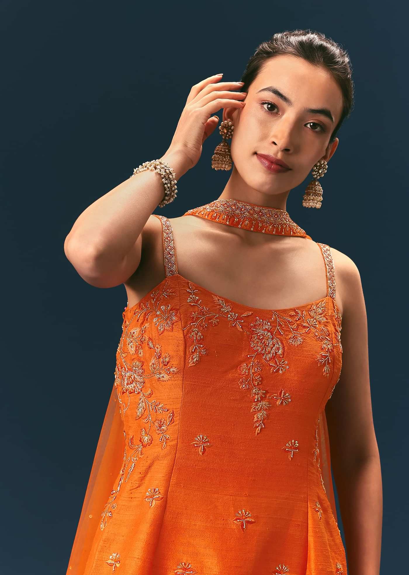 Orange Raw Silk Hand Work Kurti Sharara With Choker Dupatta