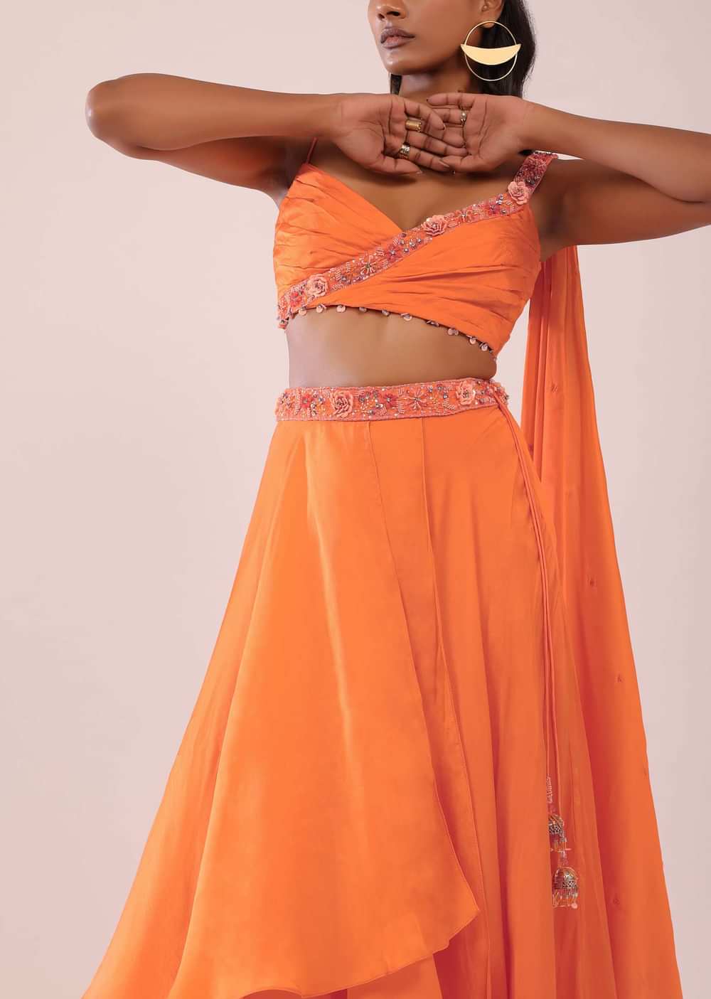Orange Satin Organza Drape Lehenga And Blouse Set With Attached Pallu