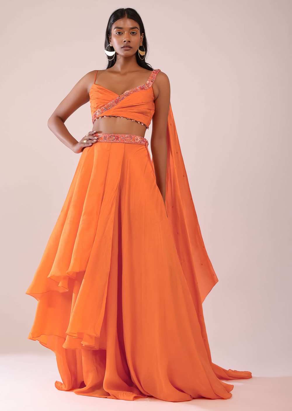 Orange Satin Organza Drape Lehenga And Blouse Set With Attached Pallu