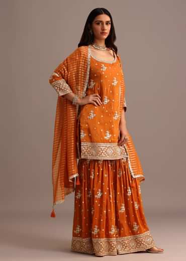 Orange Sequins Kurti Sharara Set With Chanderi Banarasi Dupatta