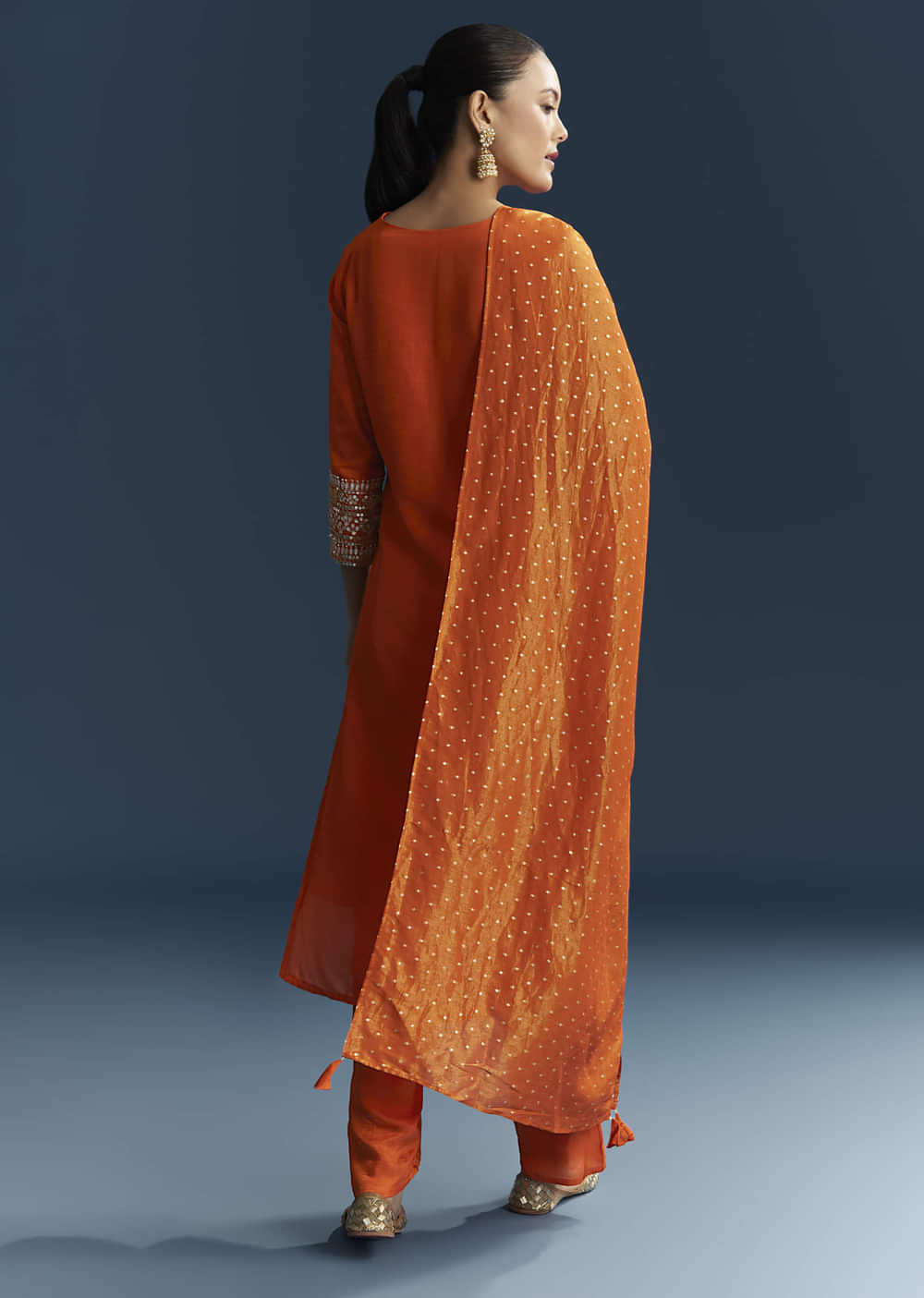 Orange Silk Kurta Set With Gotta Work