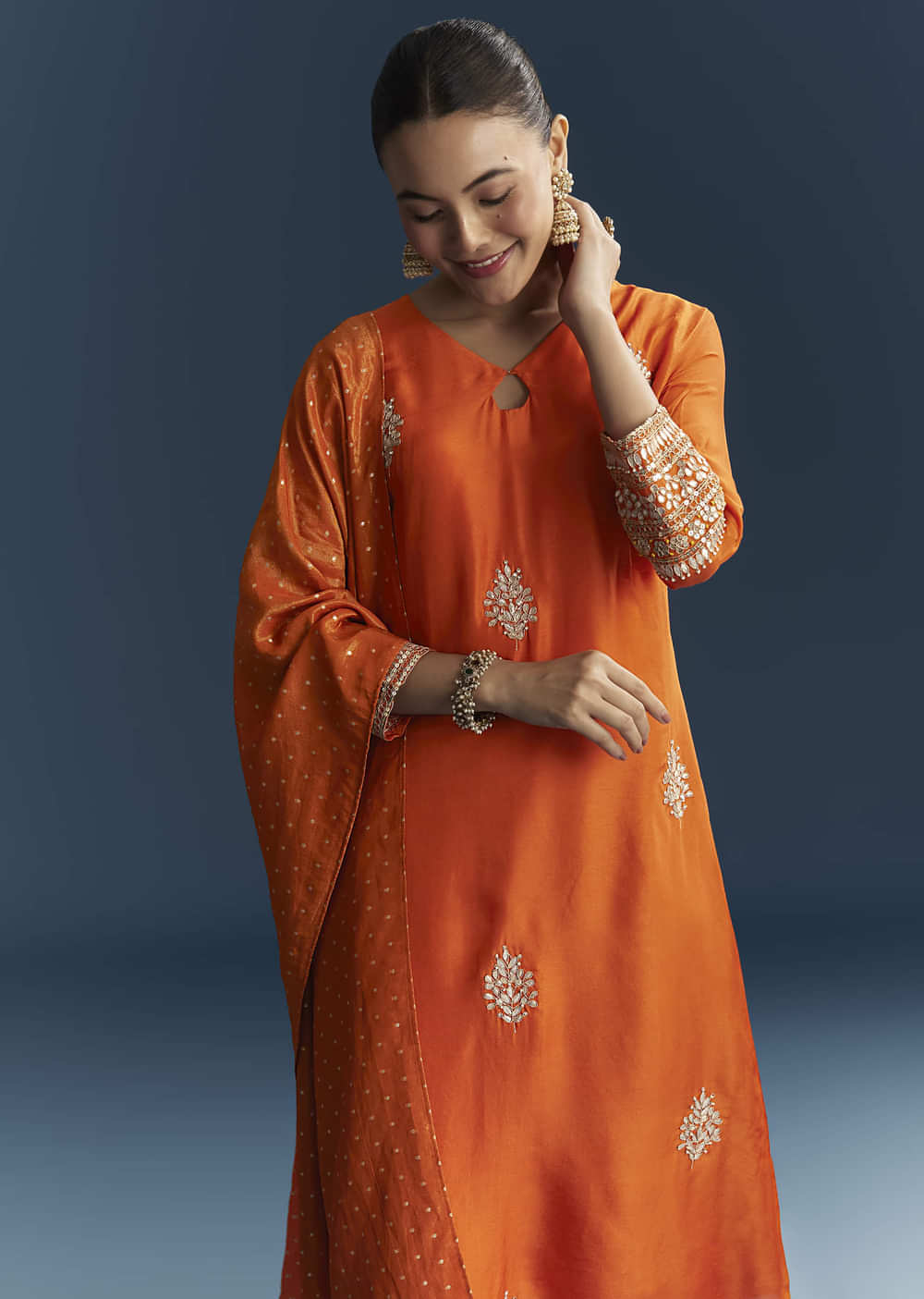 Orange Silk Kurta Set With Gotta Work