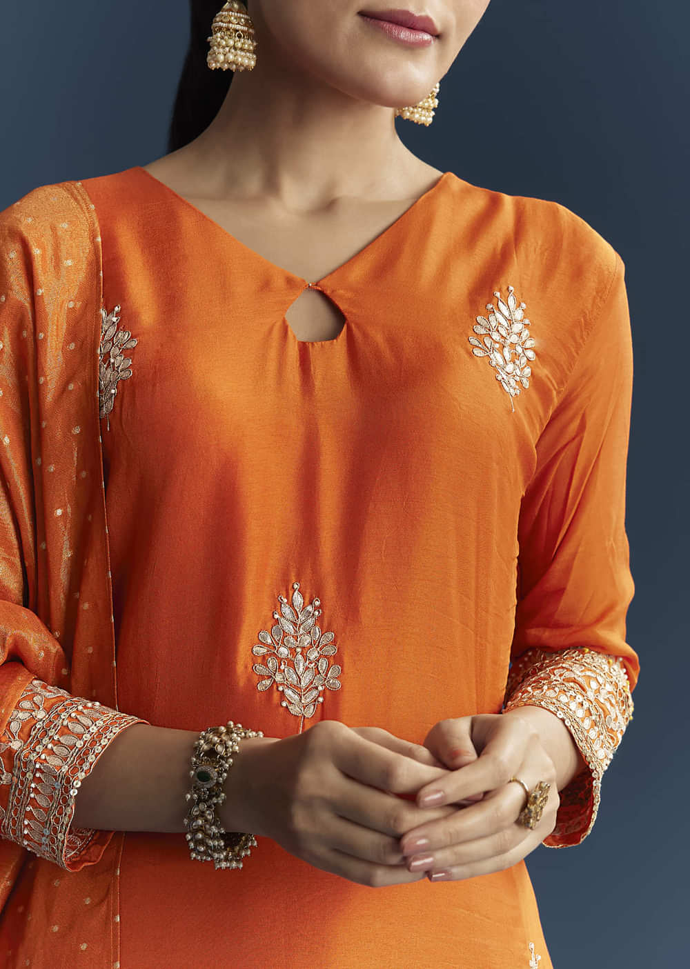 Orange Silk Kurta Set With Gotta Work
