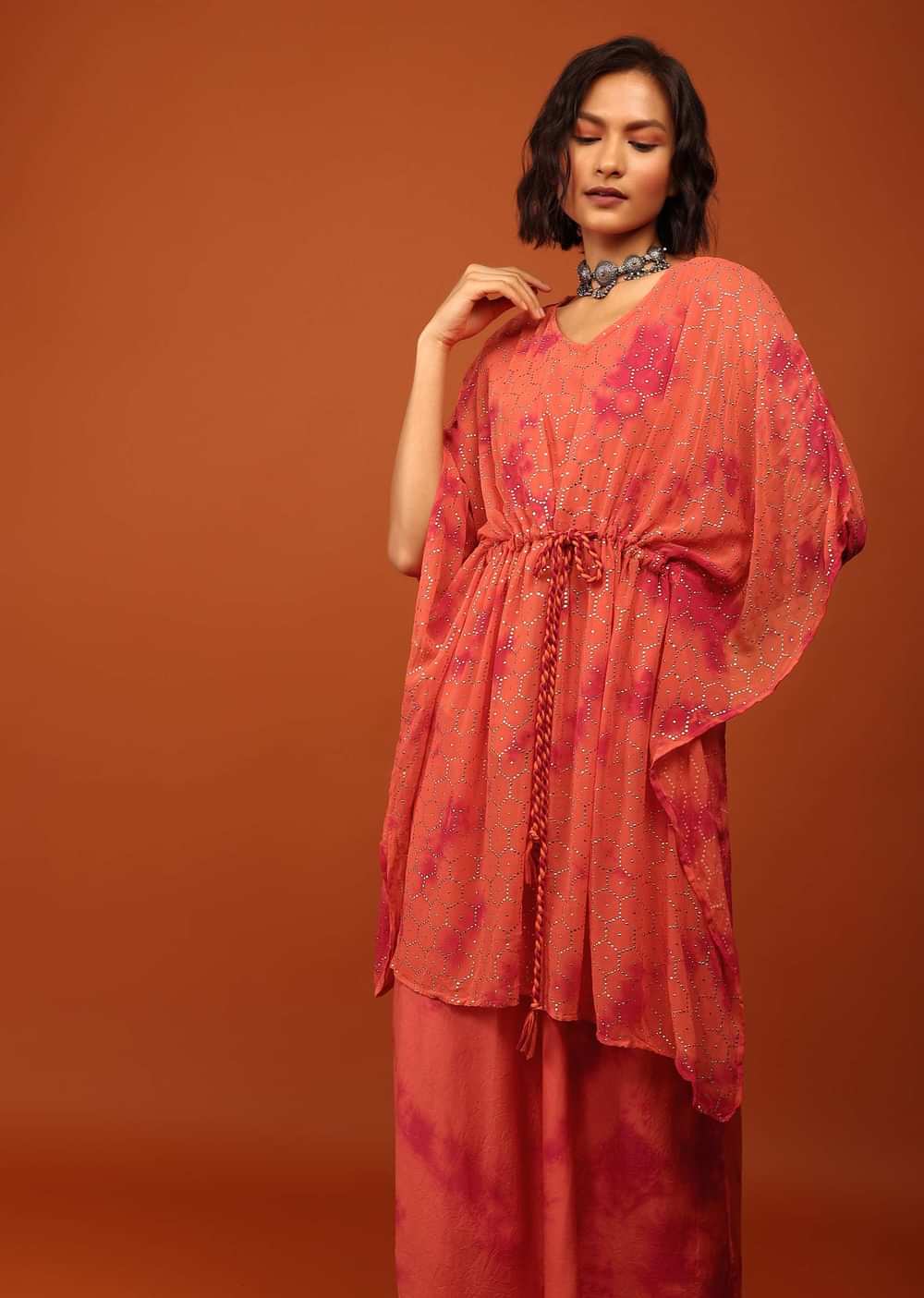 Fire Orange Tie Dye Kaftan Set In V Neckline With A Tie-Up Tassel Dori At The Front