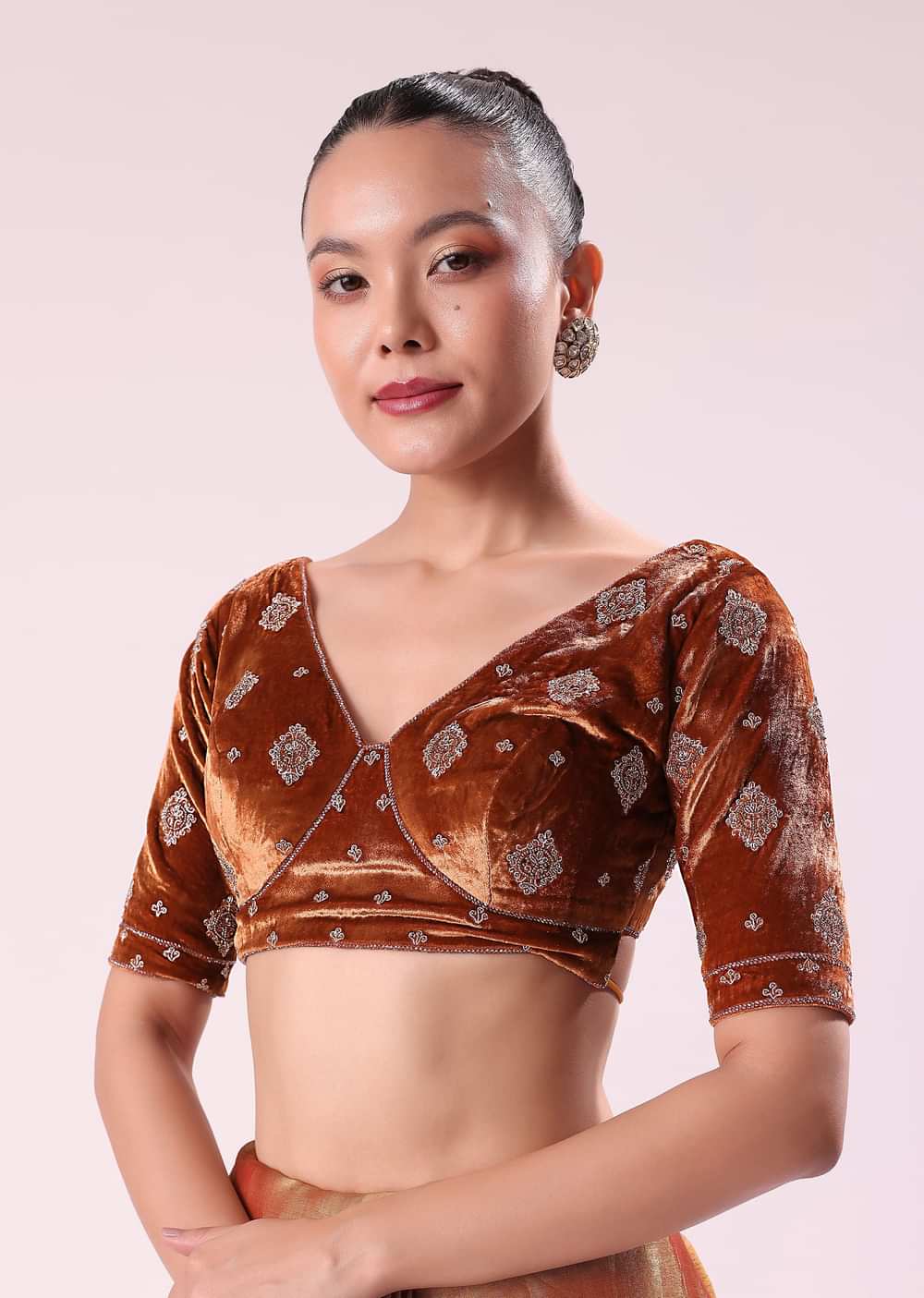 Orange Tissue Saree With Embroidered Rust Orange Stitched Blouse