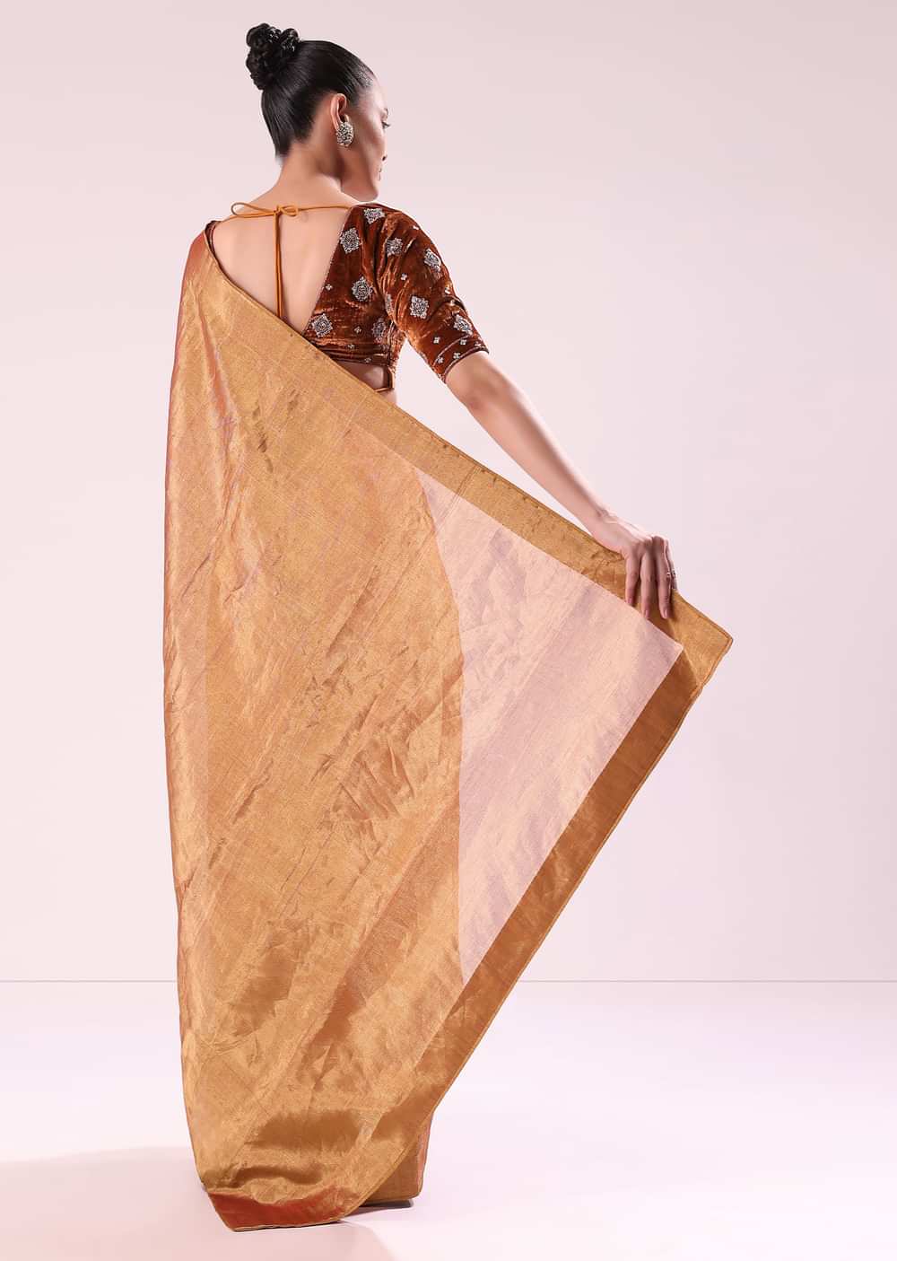 Orange Tissue Saree With Embroidered Rust Orange Stitched Blouse