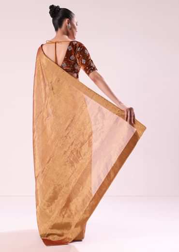 Orange Tissue Saree With Embroidered Rust Orange Stitched Blouse