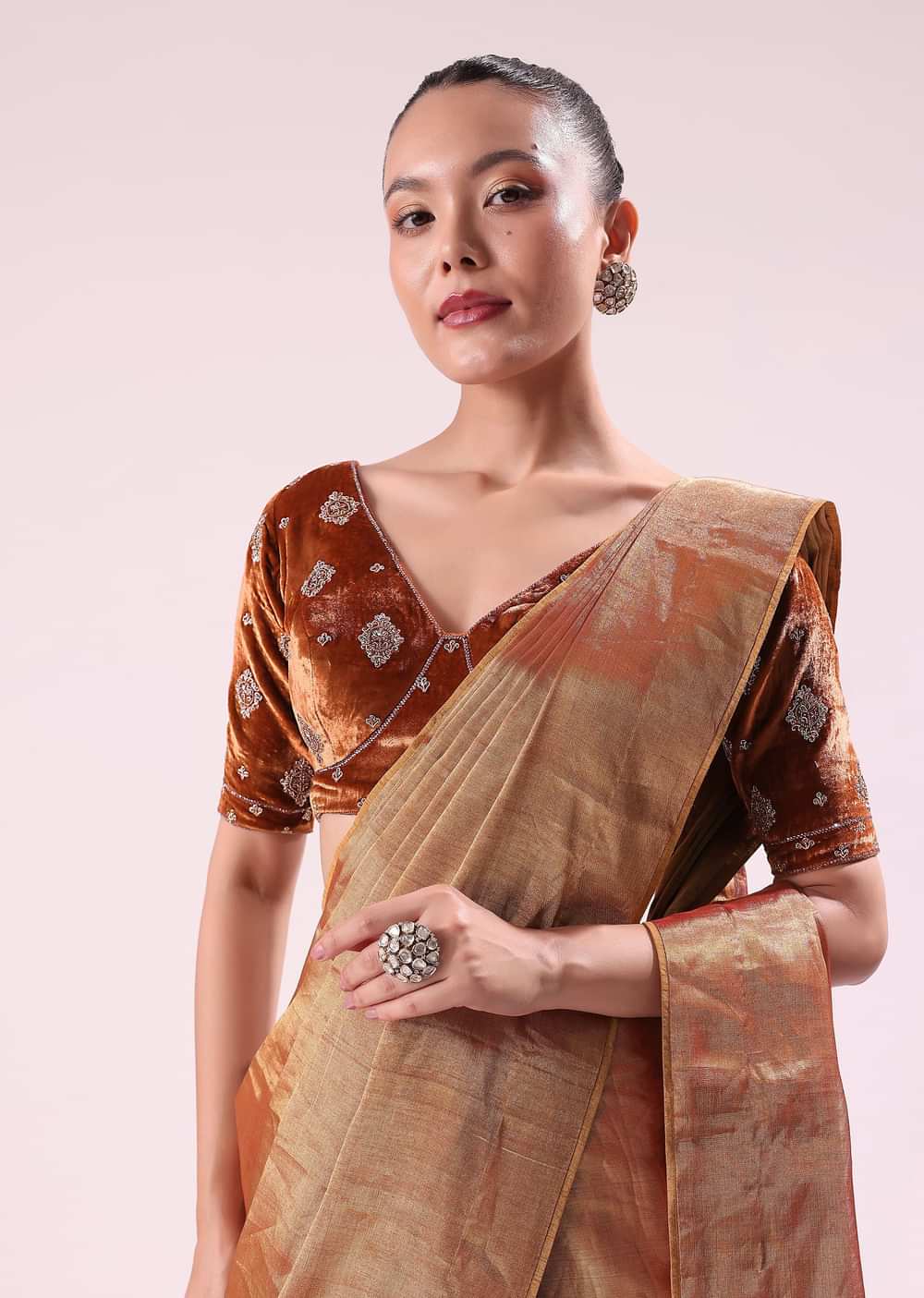 Orange Tissue Saree With Embroidered Rust Orange Stitched Blouse