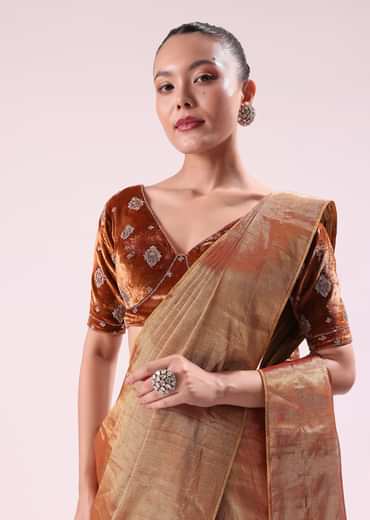 Orange Tissue Saree With Embroidered Rust Orange Stitched Blouse