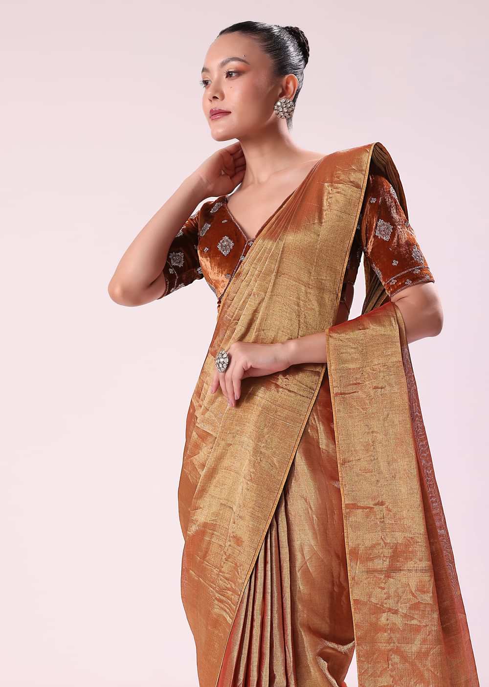 Orange Tissue Saree With Embroidered Rust Orange Stitched Blouse
