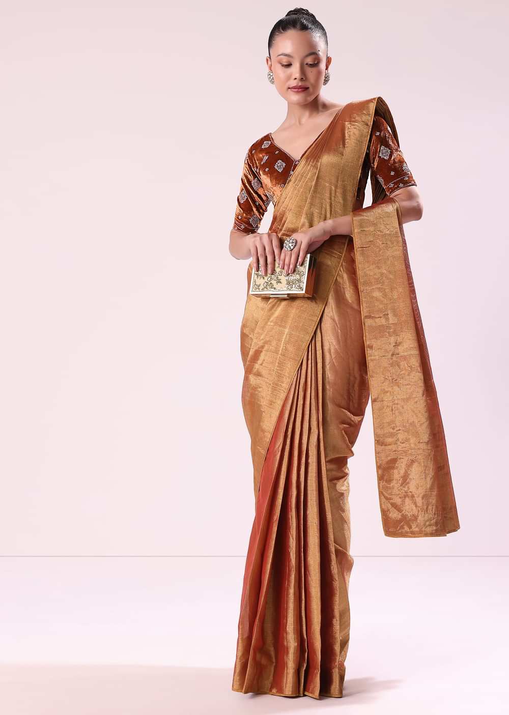 Orange Tissue Saree With Embroidered Rust Orange Stitched Blouse