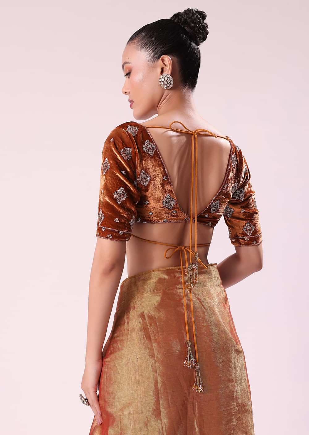 Orange Tissue Saree With Embroidered Rust Orange Stitched Blouse
